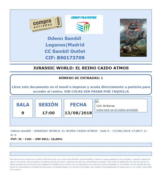 Jurassic World El Reino Caido: Mi Entrada del Decimoquinto visionado en cines +  JP vuelve a cines 