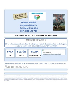 Jurassic World El Reino Caido: Mi Entrada del Decimoquinto visionado en cines +  JP vuelve a cines 