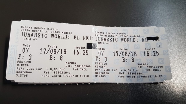 Jurassic World El Reino Caido: Mi Entrada del Decimosexto visionado en cines + sonido del Indoraptor