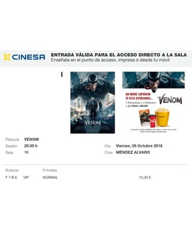 Venom: Mi Crítica y mi Entrada. [Sin Spoilers]. Nota 6.5/10. Entretenida y divertida 