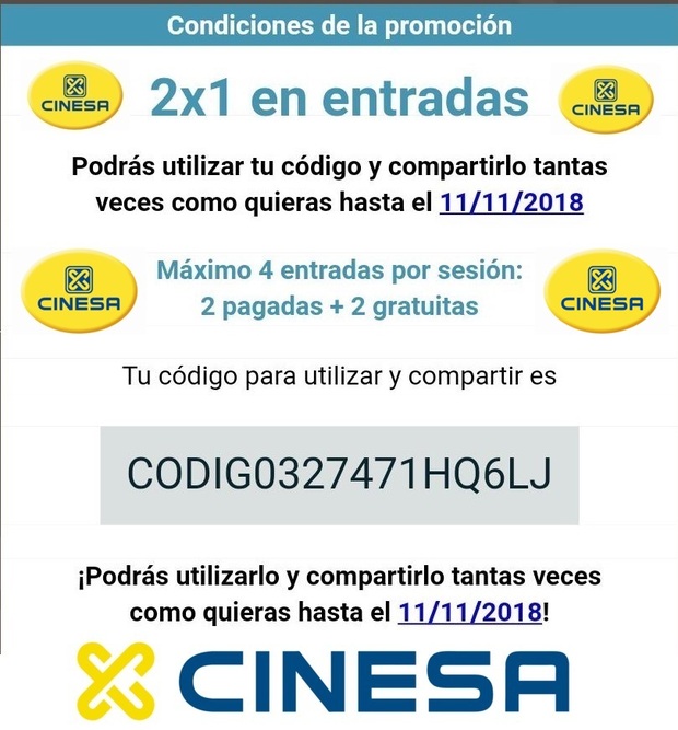 Código 2x1 en Entradas en Cinesa - Válido hasta 11-11-2018
