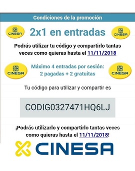 Código 2x1 en Entradas en Cinesa - Válido hasta 11-11-2018