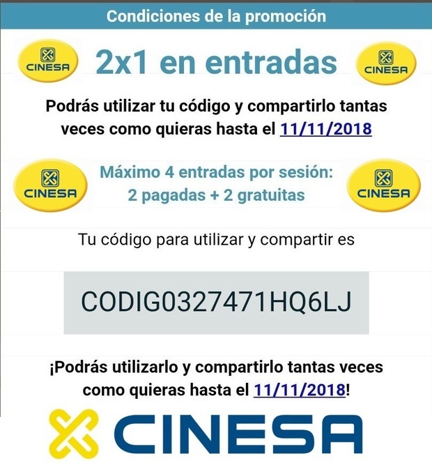 Código 2x1 en Entradas en Cinesa - Últimos días para aprovecharlo.  Válido hasta 11-11-2018