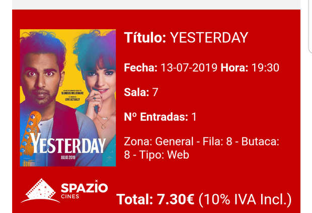 Yesterday: Mi Crítica y mi Entrada [Sin Spoilers]. Nota 7.5/10. Bonita y emotiva