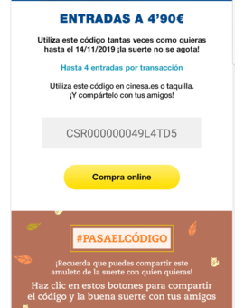 Cinesa. Código dcto entradaa a 4.90. Valido hasta 14-11-19