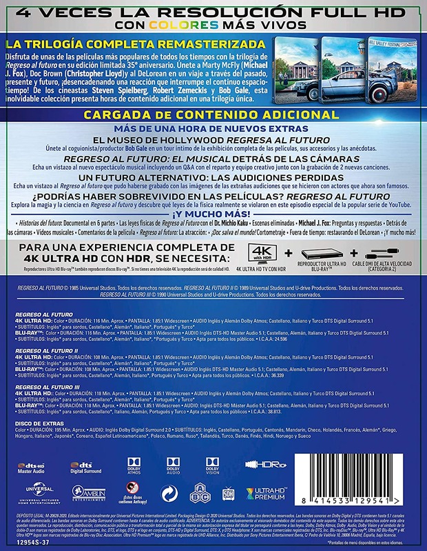 Regreso al futuro: Contraportada del pack 4K con todos los datos técnicos y extras de la edición