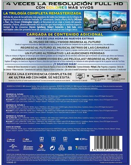 Regreso al futuro: Contraportada del pack 4K con todos los datos técnicos y extras de la edición