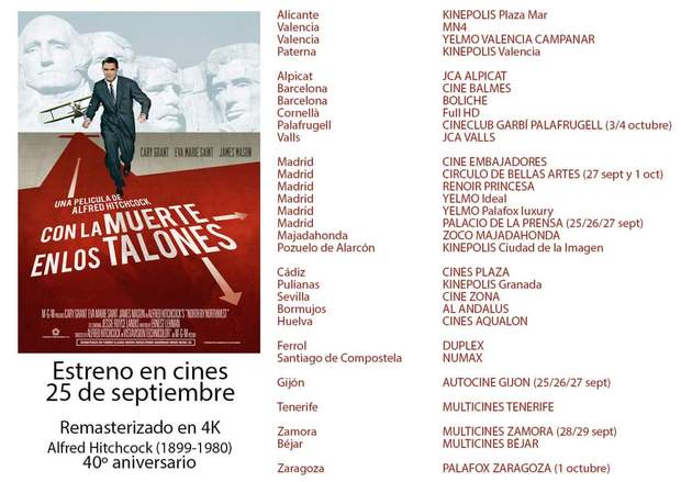 Con La Muerte en los Talones. Listado cines del reestreno.