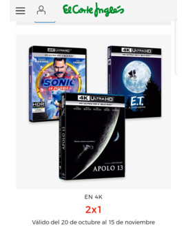 2X1 en 4K UHD en El Corte inglés. Del 20 Septiembre al 15 Noviembre.