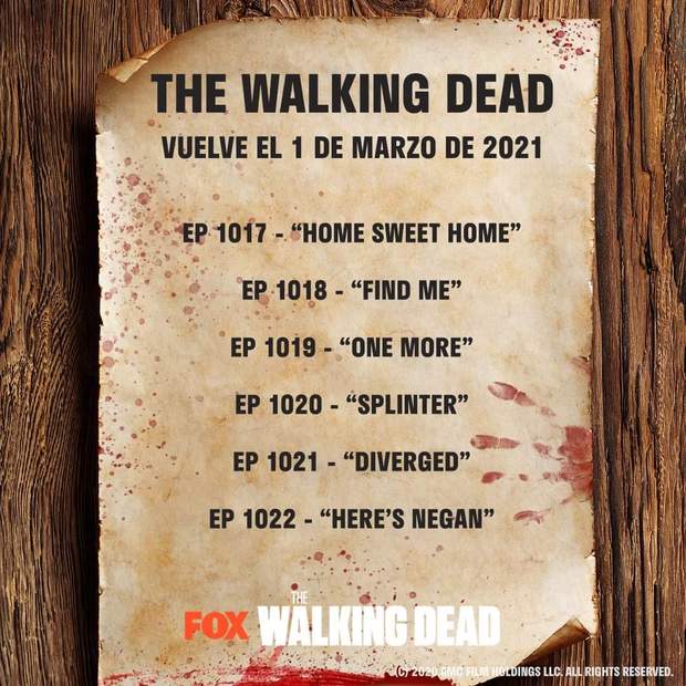 La Tenporada 10 de The Walking Dead regresa el 1 de Marzo de 2021 con 6 capítulos extras más.