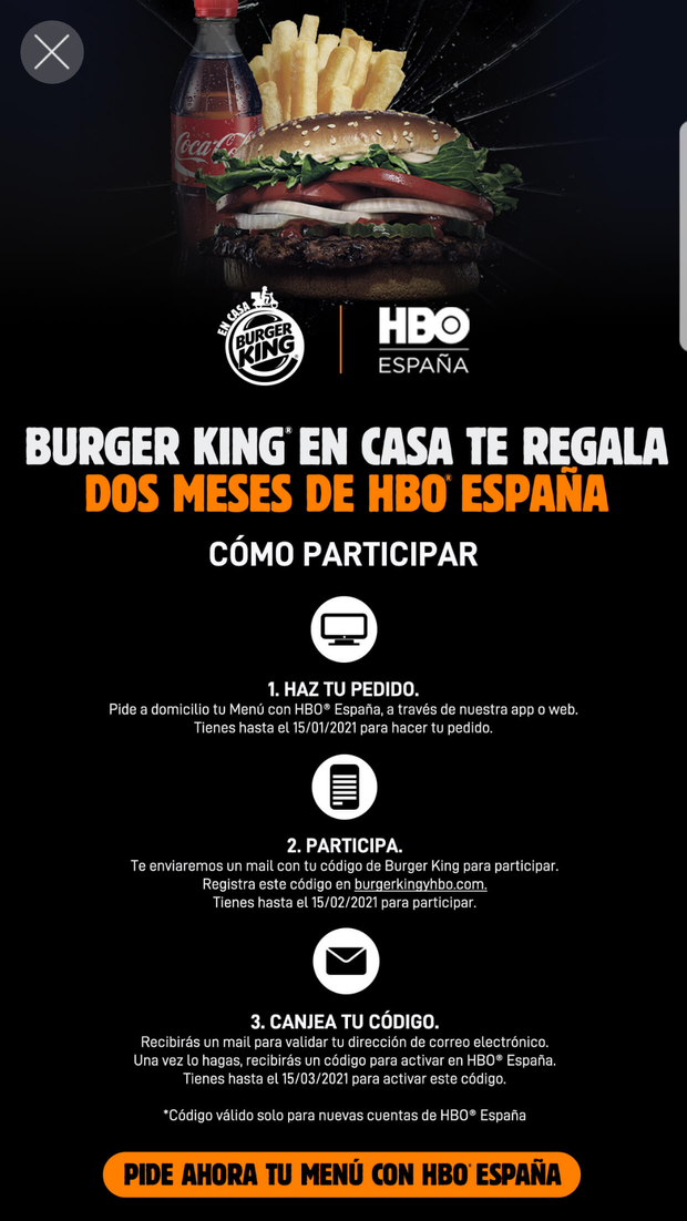 Dos meses gratis de HBO con los menús del Burger King.