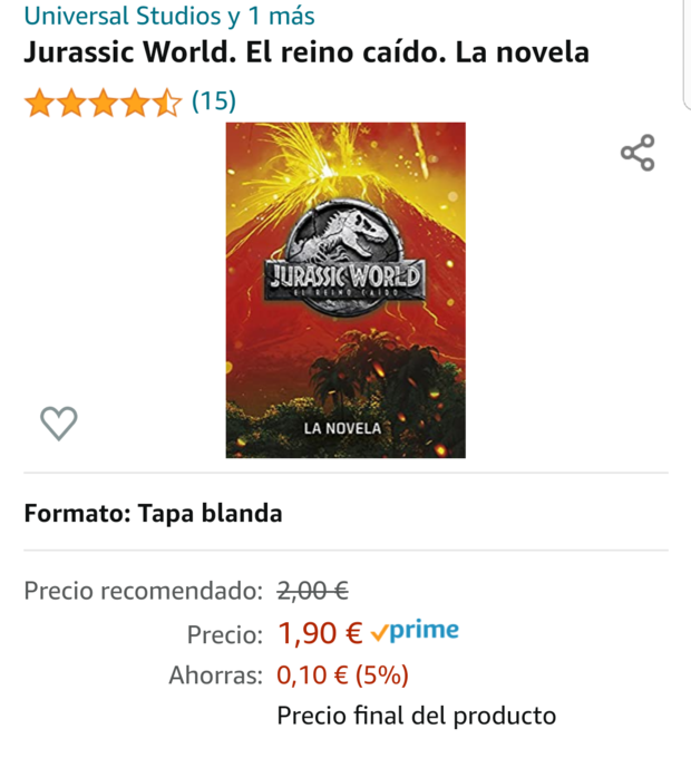 Jurassic World El Reino Caido. La Novela. Oferta a 1.90 euros en Amazon