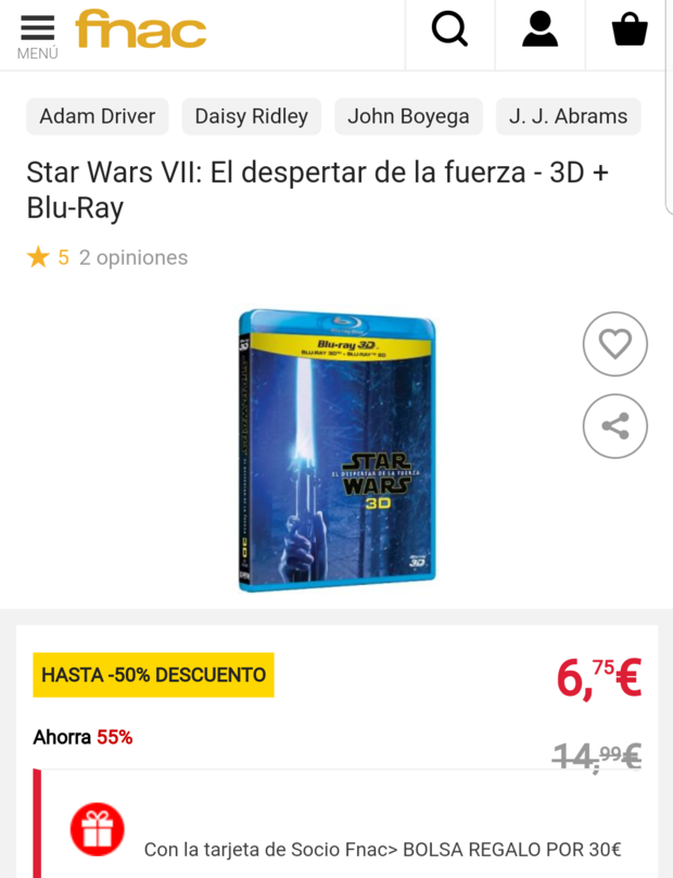 Oferta: Star Wars VII: El despertar de la fuerza - 3D + Blu-Ray por 6.75 euros en Fnac