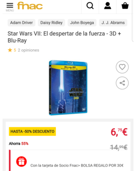 Oferta: Star Wars VII: El despertar de la fuerza - 3D + Blu-Ray por 6.75 euros en Fnac