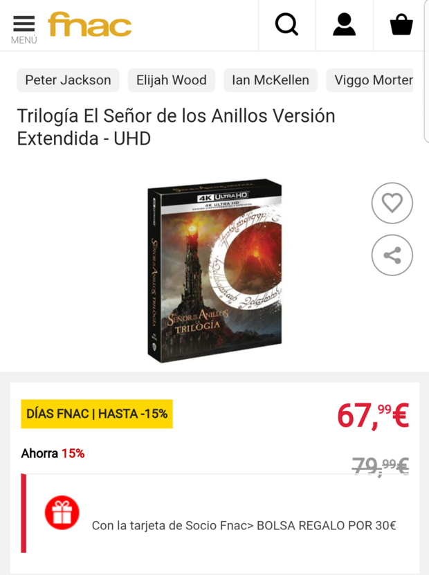 Oferta para socios Fnac. El Señor de los Anillos a 67.99 euros.