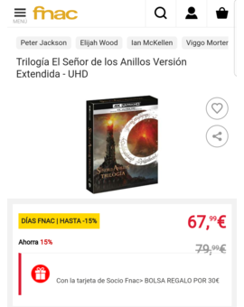 Oferta para socios Fnac. El Señor de los Anillos a 67.99 euros.
