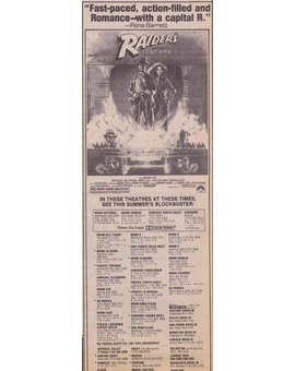 Indiana Jones y el arca perdida. Anuncio original de 1981 del periodico Los Angeles Times.