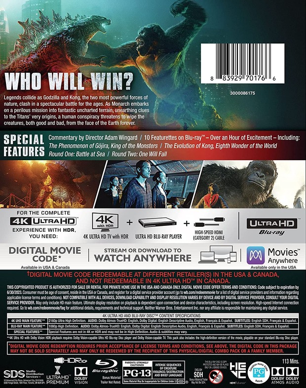 Godzilla vs Kong: carátula trasera USA blu-ray+4K