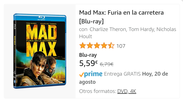 Chollo en amazon por si a alguien le interesa. Mad Max Fury Road en blu-ray por 5.59 euritos.