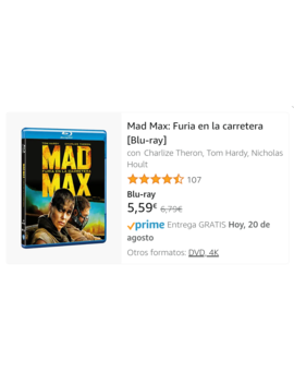 Chollo en amazon por si a alguien le interesa. Mad Max Fury Road en blu-ray por 5.59 euritos.