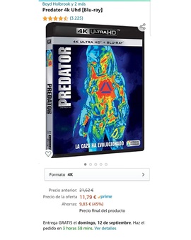Oferta flash en Amazon por si a alguno os interesa. Predator en 4K (más barato que el blu-ray).