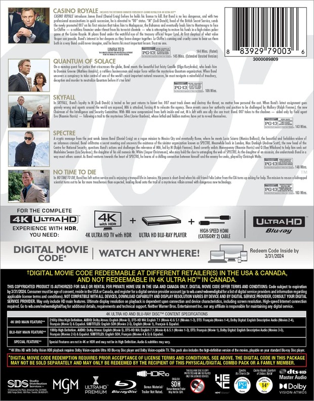 Contraportada del pack 4K UHD que saldrá en USA de Daniel Craig como James Bond.