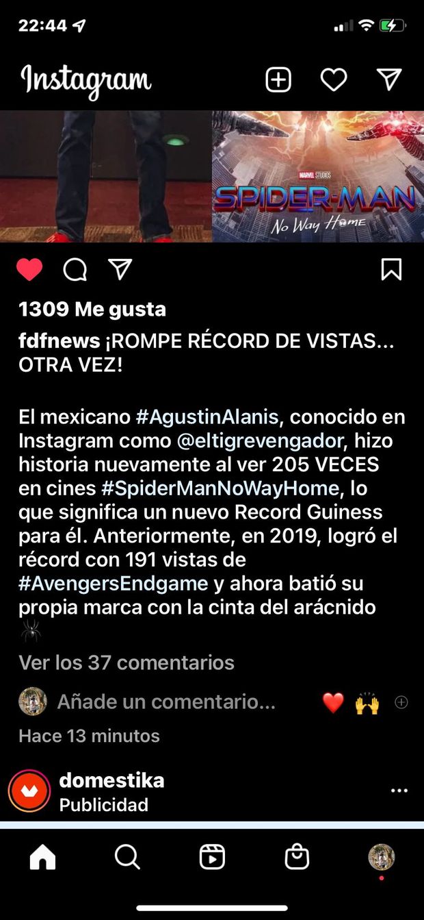 Bate el record mundial Guinnes al ver Spider-Man No Way Home 205 veces en cines.