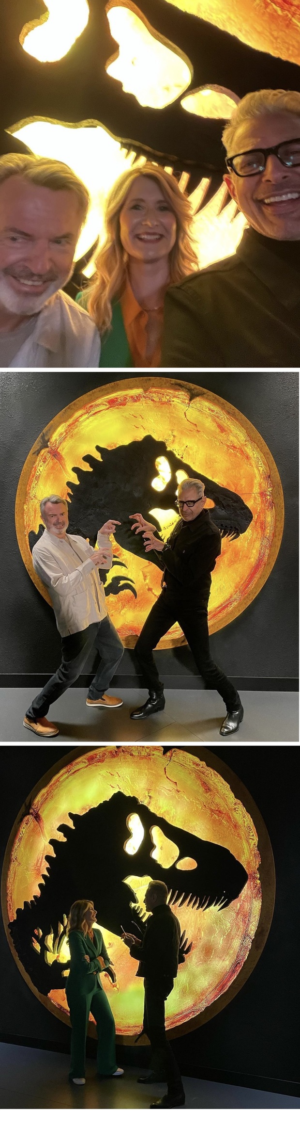 Laura Dern, Jeff Goldblum y Sam Neill posan junto al logo de Jurassic World Dominion. Fotos de ayer