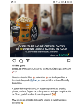 Cinesa ya sirve sus palomitas y demás comida a domicilio.