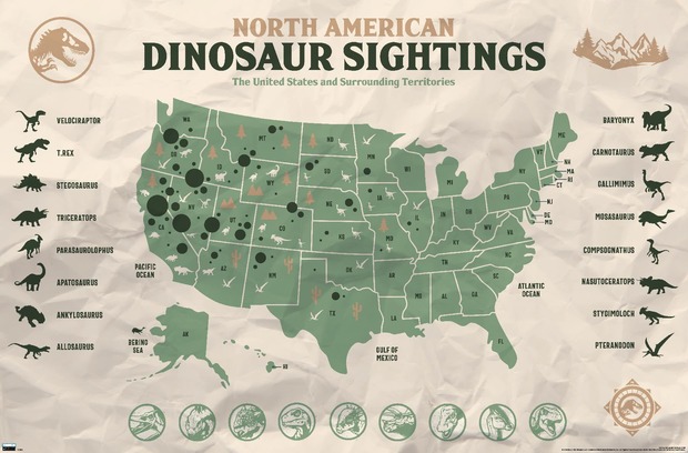 Tabla de distribución por territorio américano de los dinosaurios de Jurassic World Dominion.