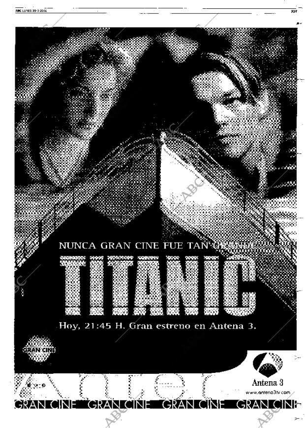 Folleto ABC 28-05-2001 estreno Titanic por primera vez en TV en Antena 3.