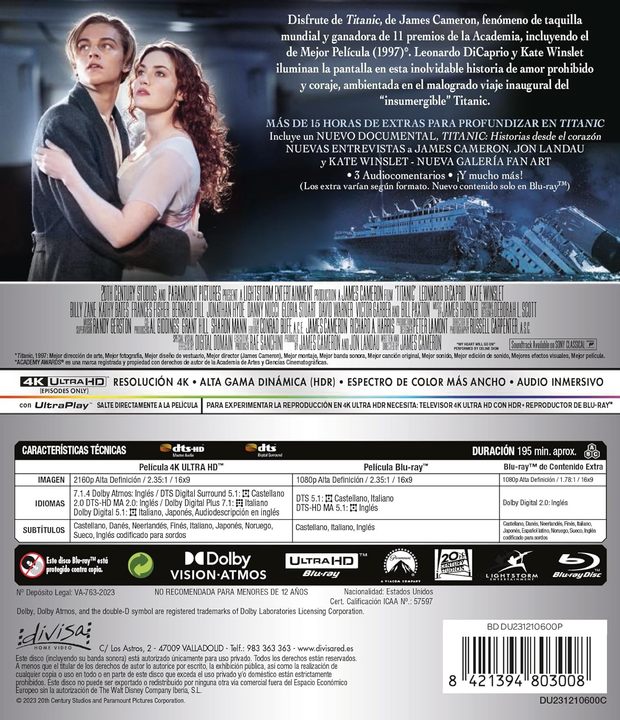 Titanic 4K UHD. Contraportada edición Española.