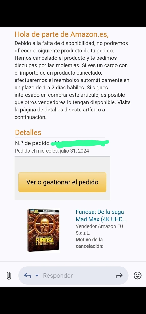 Menos mal que compré la Italiana. Amazon cancela el steel de Furiosa.