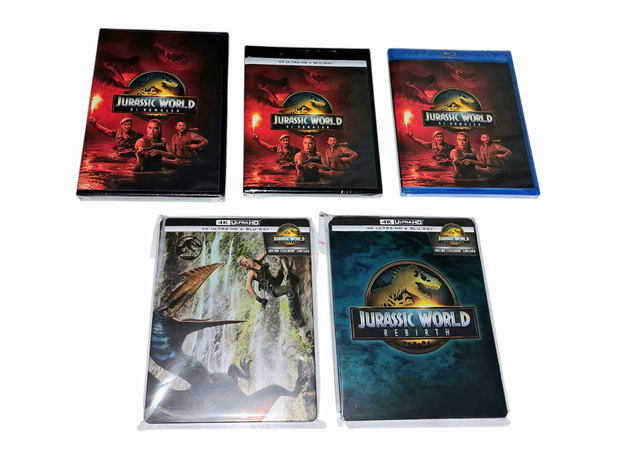 Jurassic World El Renacer. Steelbooks, 4K UHD, Blu-Ray y DVD.