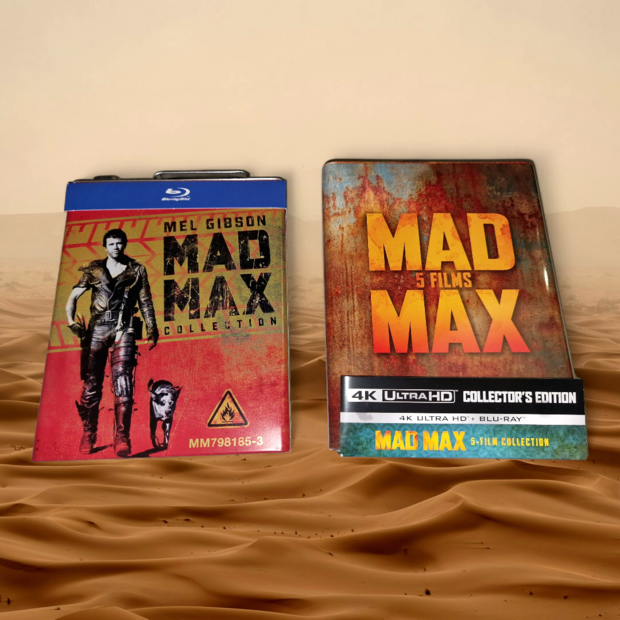 Ediciones 4K UHD y Blu-ray de las latas de gasolina de la saga Mad Max.