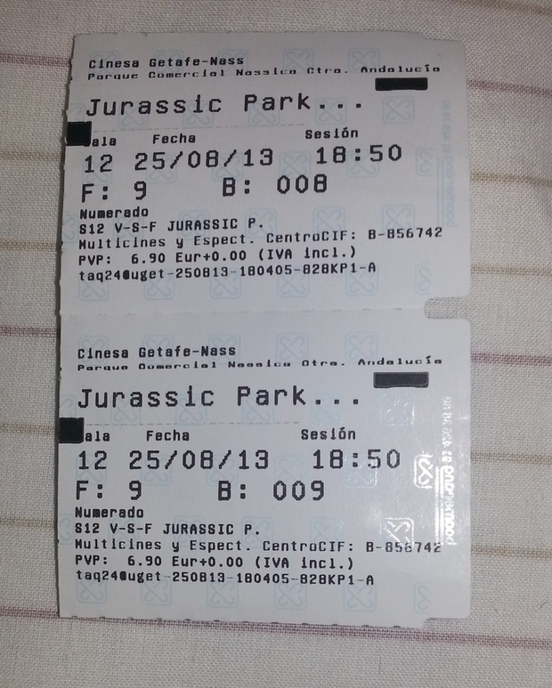 Mis entrada de JURASSIC PARK PARQUE JURASICO 3D 25-08-2013