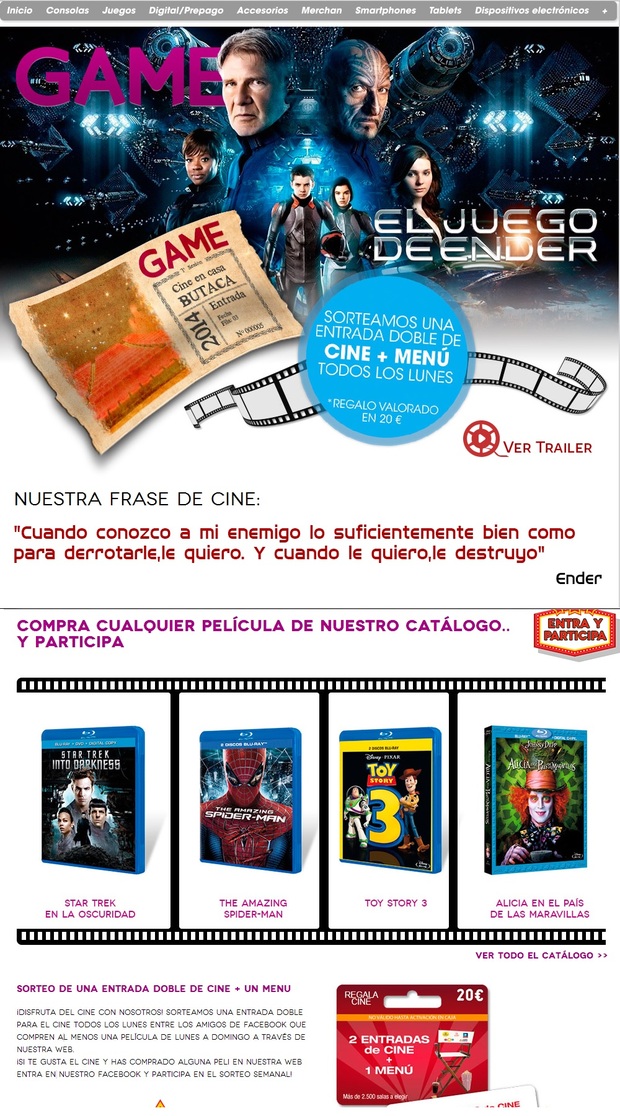 Sorteo de una entrada doble de cine + un menu en Game