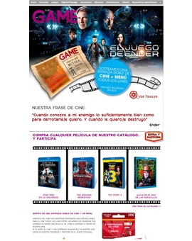 Sorteo de una entrada doble de cine + un menu en Game