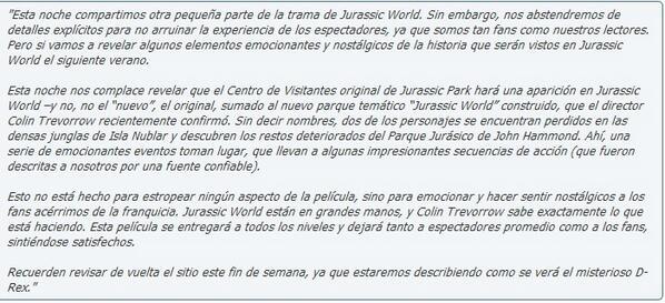 Noticia sobre Jurassic World (Contiene Spoilers)