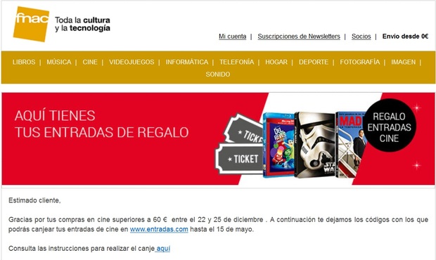 2 Entradas de Cine de Regalo gracias a Fnac.es