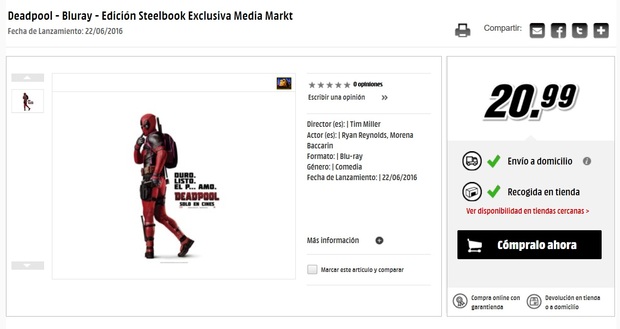 Ya han puesto precio al SteelBook de Deadpool en MM.