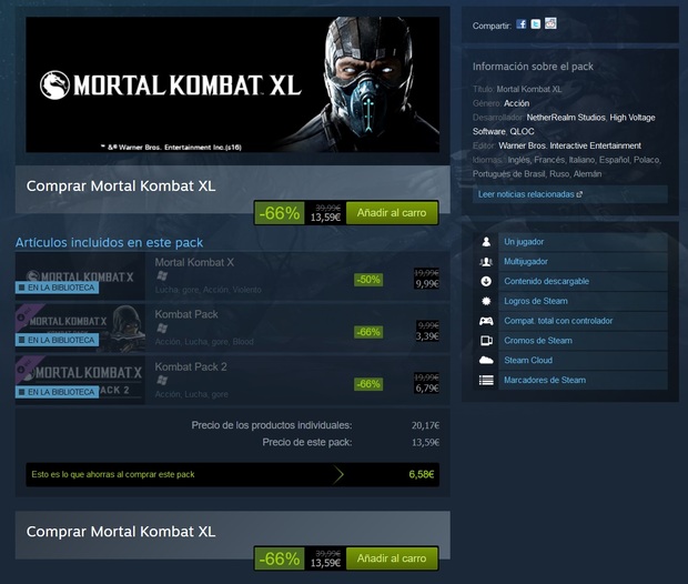 Mi regalo de cumpleaños (Mortal Kombat XL para PC incluye a  Jason Voorhees, Alien y Predator) Oferta en Steam con el Pack completo.