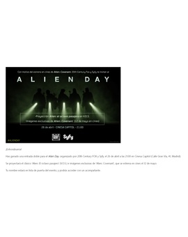 El próximo Martes 26 celebro a lo grande el #ALIENDAY !!! Gracias a Syfy y 20th Century FOX.