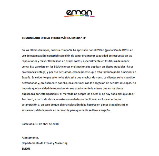 Comunicado de Emon sobre los -R