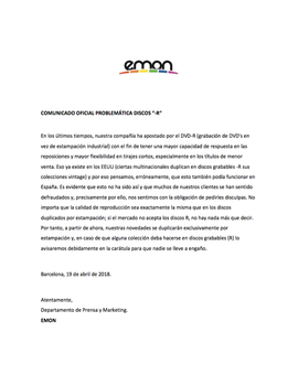 Comunicado de Emon sobre los -R