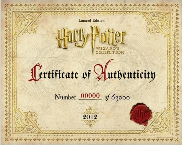 Certificado de Autenticidad Número 00,000 de 36,000 - Harry Potter la colección para magos