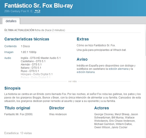 Nueva ficha Fantástico Sr. Fox Blu-ray