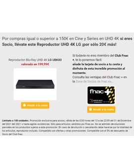 Oferta Fnac - Bluray LG UBK80 con 150€ en pelis 4K
