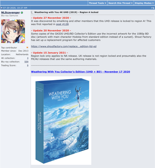 La version UHD El tiempo contigo de Shout Factory segun Bluray.com tiene bloqueo de Zona