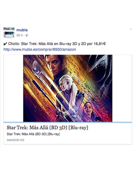 Por si alguien no lo ha visto. Aviso de Mubis, bajada de precio de Star Trek: Más Allá 3D